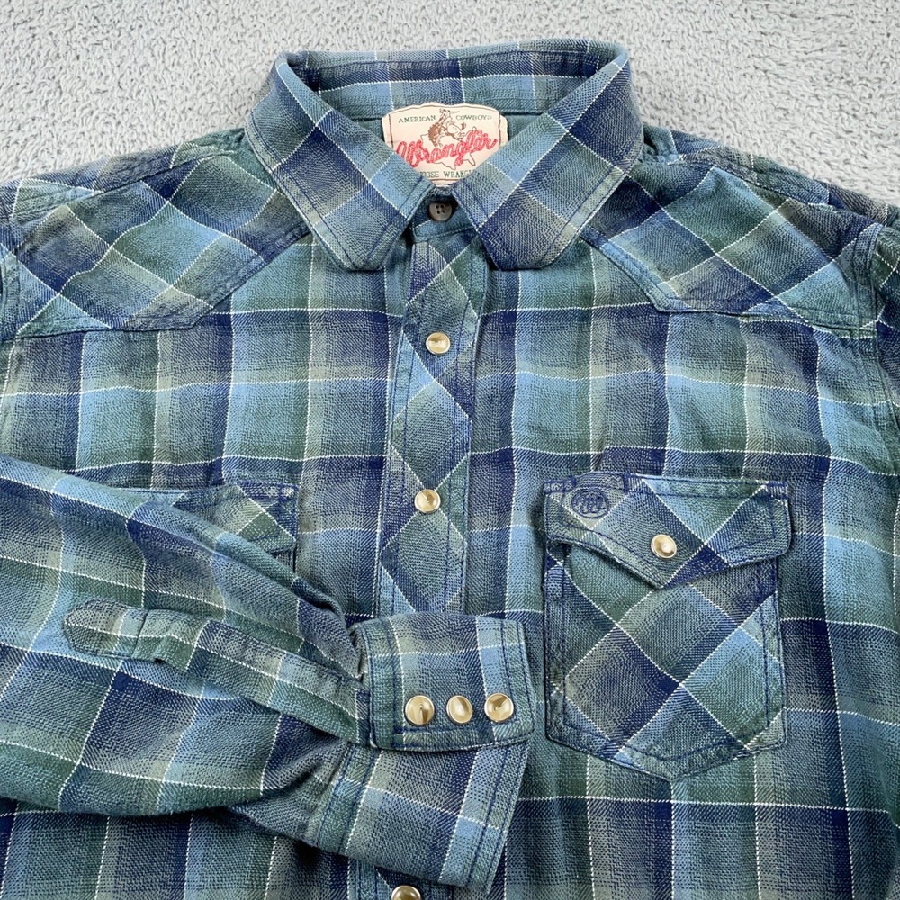 Wrangler Shirt Mens Medium Blue Green Plaid Western Pearl Snap Long Sleeve